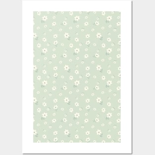 DITSY PRAIRIE VINTAGE RETRO FLORALS AND FLOWERS SAGE GREEN CREAM PASTEL GREEN Posters and Art